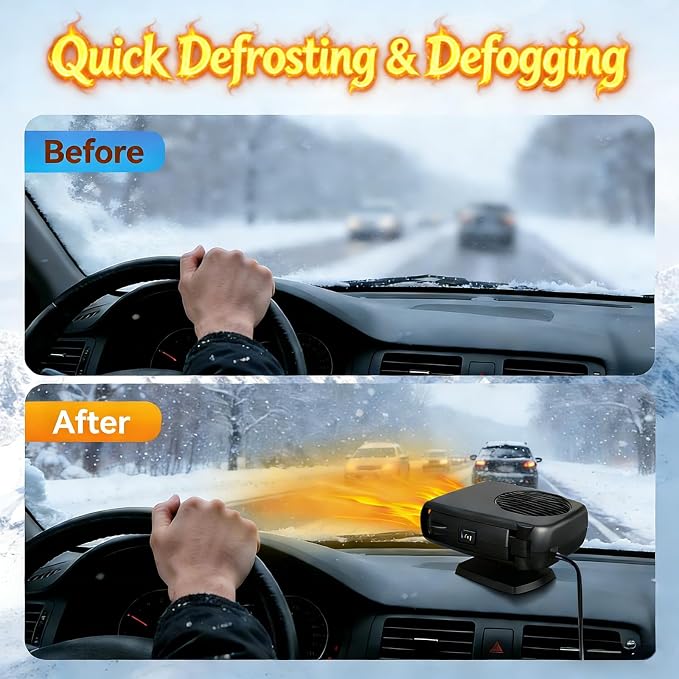 Car Heater, 12V 200W Car Heater Portable（ Plugs into Cigarette Lighter）, Portable Heater for Car, 360° Rotatable Car Defroster Windshield Heater