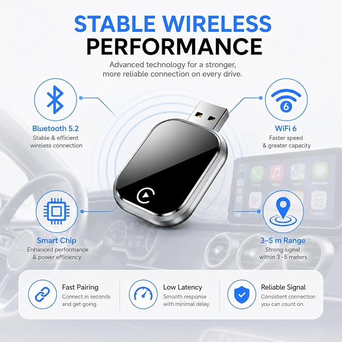 Wireless Carplay and Android Auto Carplay Adapter forCars,Plug and Play Bluetooth Connection, Supports Low LatencyAudio and Stable Navigation Experience, Compatible wthios10+&Android 11+