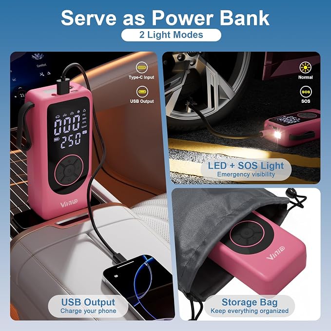 Tire Inflator Portable Air Compressor, 6000mAh Battery with Cigarette Lighter Adapter, 90W Fast Inflation, 6 Modes, Digital Display, Storage Bag & Handle, for Car Tires, Bike, Motorcycle, Ball