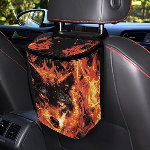 Wolf Fire Print Car Trash Can with Lid, Leak Proof Auto Trash Bag Hanging Vehicle Garbage Can Multipurpose Storage Container for Back Seat Road Trip