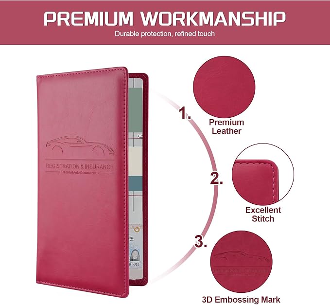 2Pack Car Registration and Insurance Holder,Car Document Holder for Cards License with Magnetic Shut,Vehicle Glove Box Car Organizer for Documents, Cards, License(Rose red)