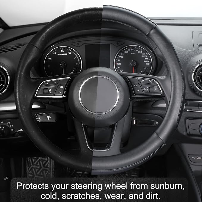 Car Steering Wheel Cover Small Size for Prius Civic Model 3 Model Y Camaro Rogue with 14-14 1/4 inches Outer Diameter, Black Microfiber Leather