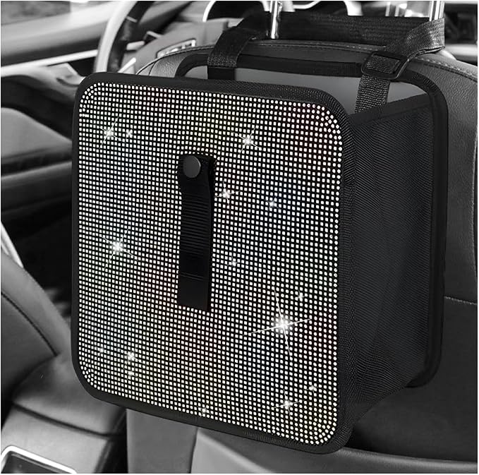 Car Foldable Trash Can, Bling Rhinestone Oxford Garbage Container Hanging Waterproof Organizer, Mini Crystal Dustbin Waste Basket Leakproof Trash Bin for Car Office Kitchen (AB)