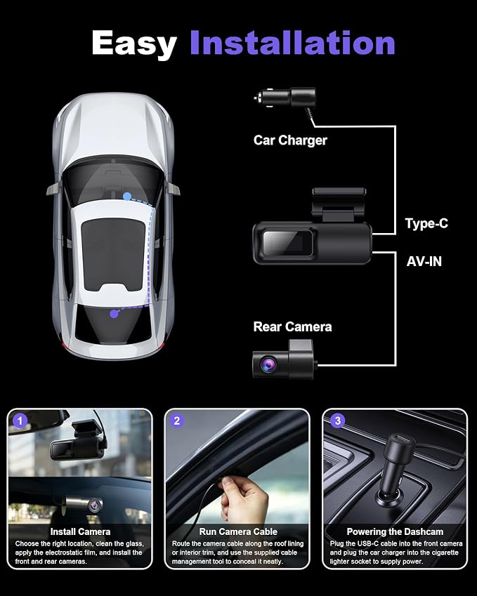 Dash Cam Front and Rear 4K+1080P, Dual Dash Cam with 64GB Card, 5GHz WiFi, App Control, G-Sensor Emergency Recording, Loop Recording, 24H Parking Mode Supports, Dash Camera for Cars