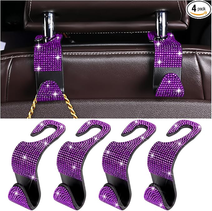 Zpana 4PCS Bling Car Seat Headrest Hooks, Vehicle Back Seat Purse Handbag Hanging Holder with Crystal Rhinestone, Diamond Storage Organizer Hook, Universal Automotive Accessories (Purple)