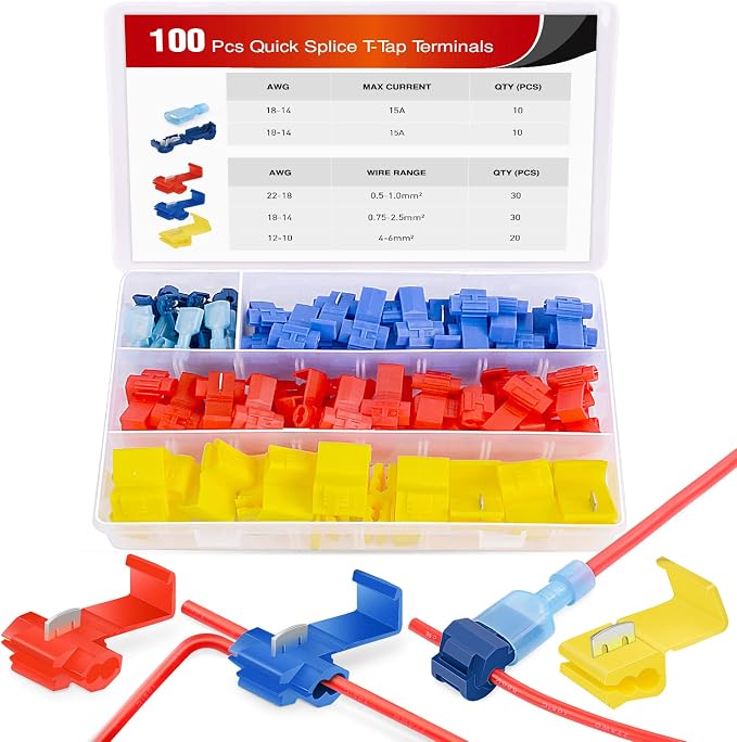 100PCS Quick Splice Solderless Wire and T-Tap Electrical Connectors 22-18 18-14 12-10 AWG T Tap Insulated Terminal Assortment Kit