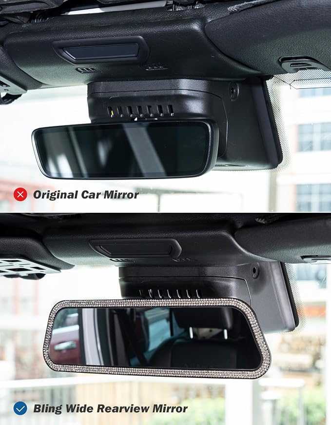 Rearvie Mirror, 12 Inch Panoramic Interior Clip-on Wide Angle Convex Rear View Mirror with Bling Rhinestones Diamonds Edge, Effectively to Reduce Blind Spot, Universal for SUV Trucks -White