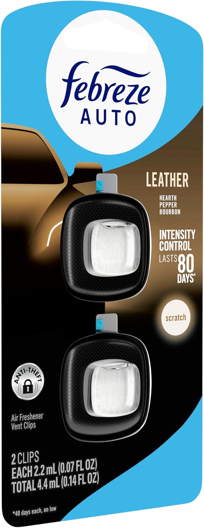 AUTO Air Freshener, Odor-Fighting Automotive Vent Clip, Scented Car Accessories, Long Lasting for Strong Odors, Leather, 2 Count