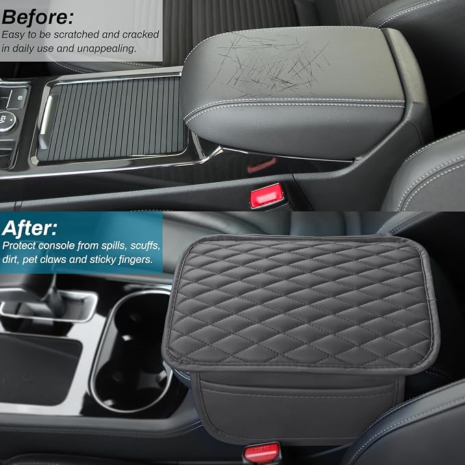 Car Center Console Cover Upgraded Microfiber Leather Car Arm Rest Cover with 2 Storage Bags Universal Armrest Cover for Car Storage Box Car Interior Accessories Protector for Most Vehicle-Gray