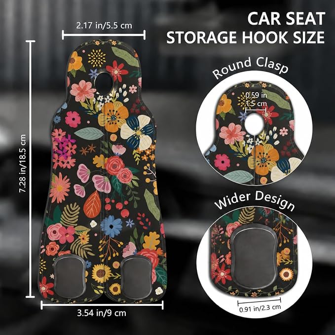Cute Floral Car Seat Back Storage Headrest Hooks for Purses & Bags – 2PCS PU Leather Dual Metal Hooks, Backseat Organizer Accessories