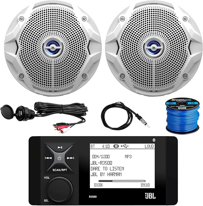 Marine Bluetooth AM/FM Radio Stereo LCD Digital Media Receiver Bundle with 2X 6.5 180W White Boat Speakers, 50 Feet 16-Gauge Speaker Wire, 22" Antenna, USB/AUX Mount - OEM Replacement