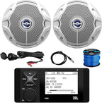 Marine Bluetooth AM/FM Radio Stereo LCD Digital Media Receiver Bundle with 2X 6.5 180W White Boat Speakers, 50 Feet 16-Gauge Speaker Wire, 22" Antenna, USB/AUX Mount - OEM Replacement