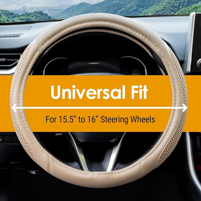 Cool Mesh Grip Truck Steering Wheel Cover with Breathable Grip, Premium Faux Leather, Universal fit for Full Size Trucks and SUVs with Steering Wheel Size 15.5" to 16"