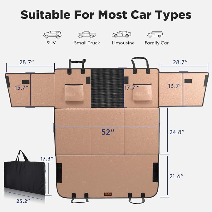 Dog Car Seat Cover for Back Seat, Upgraded PU Leather Back Seat Extender with Hard Bottom Holds 400LBS, Waterproof Anti-Scratch, Large Space Back Seat Pet Cover for Car, SUV, Brown