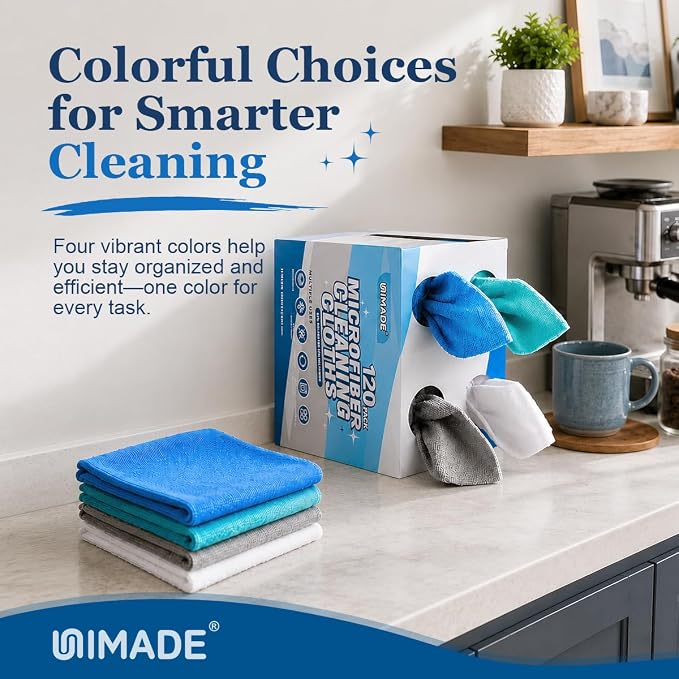 Microfiber Cleaning Cloth, 120 Pack Reusable Paper Towels Microfiber Towels for Cars Lint Free Shop Rags with for Home Kitchen Automotive, 11"x 9", White & Grey & Light Blue & Blue