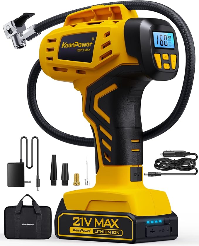 Tire Inflator Portable Air Compressor - Super Fast - 21V Rechargeable Battery Powered Handheld 160PSI Tire Inflator, Dual Power Supply Modes, Portable Air Pump for Car Motorcycle E-Bike