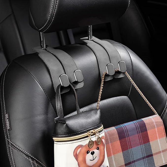 Amelity Car Headrest Hooks, Purse Hook for Vehicle 4 Pack Gray | Universal Car Interior Accessories for Women, Available in 2/4 Pack, Storage Hanger Holds Purses, Backpacks, Grocery Bags