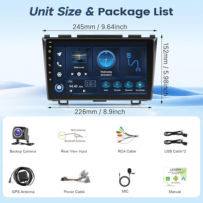 8 Core 4+64G Car Stereo for Honda CRV 2007-2011 Radio with Wireless Carplay Android Auto, 9'' Touchscreen for Honda CRV GPS Navigation Bluetooth WiFi Rear Camera FM Mirrorlink Split Screen SWC