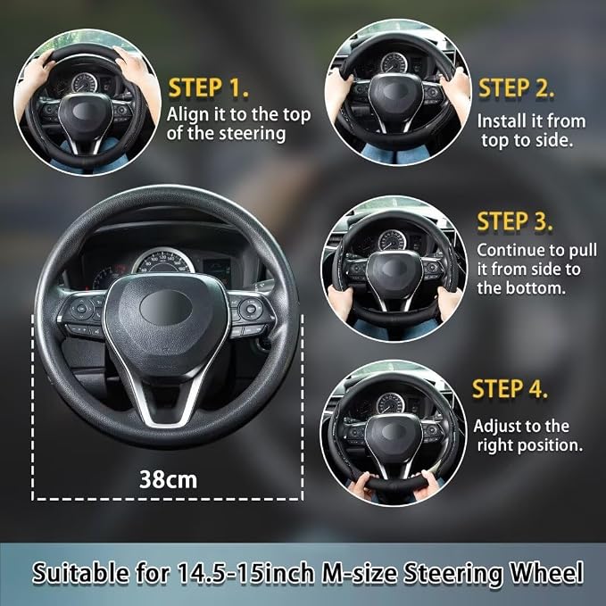 Black Steering Wheel Cover with Coasters Leather Universal 15 inch | Carbon Fiber Car Steering Wheel Covers Microfiber Breathable Anti-Slip Steering Wheel Accessories Set