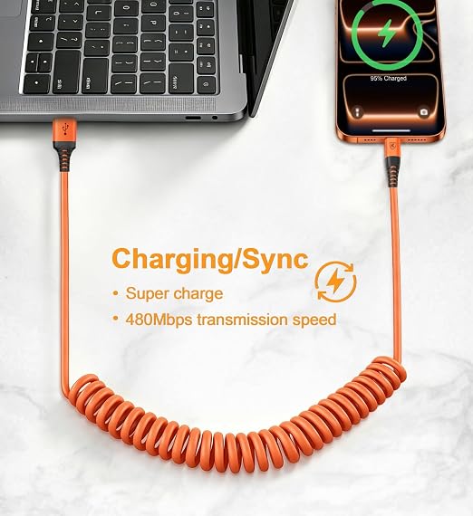 Coiled USB A to USB C Cable for Car [6FT, 2Pack], USB to USB C Cable Fast Charging 60W, USB Type C Cable iPhone Charger USBC Cord for iPhone 17/16/15/Pro Max/Plus/Samsung Galaxy S26/S25/Ultra-Orange