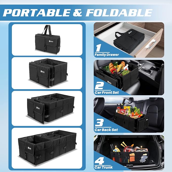 Trunk Organizer with Insulated Leakproof Cooler Bag, 98L Collapsible Car Storage Large Trunk Organizer for Car SUV Van with Removable Dividers & Adjustable Securing Straps