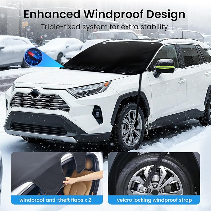 Upgraded Car Windshield Cover for Ice & Snow [All-Weather Protection] Magnetic Fit Weatherproof Frost Cover, Car Winter Accessories, Fit for SUVs, Small Trucks, Sedans