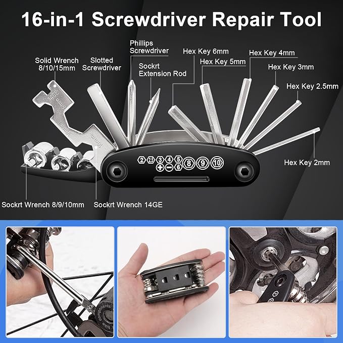 Bike Repair Kit, 27-Piece Bicycle Tire Repair Kit with 120 PSI Mini Pump, 16-in-1 Multitool, Tire Levers, Patches & Saddle Bag for Road & Mountain Bikes
