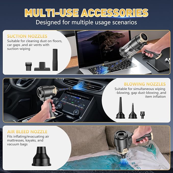 Handheld Car Vacuum Cleaner, 16000PA Air Duster & Vacuum Cleaner, 120W High Power Hand Held Vacuum Cordless, Portable Vacuum Rechargeable with Multi-Nozzles & LED Light for Car, Home, Pet, Office