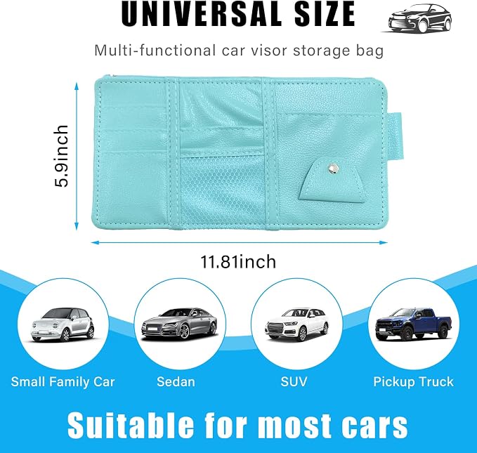 Car Sun Visor Organizer, Leather Personal Belonging Storage Pouch with Zipper, Car Visor Storage Pouch Sunglasses Holder, Auto Interior Accessories Pocket Organizers (Blue)