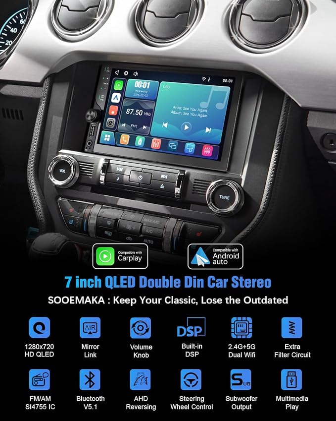 【 2026】7" QLED Double Din Car Stereo Wireless Apple Carplay& Android Auto,Car Radio upgrade AHD Backup Camera, 2.5D Hardened Tempered Touch,Extra Filter,DSP, Bluetooth, MirrorLink, SWC, FM/AM