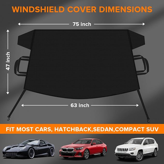Car Windshield Cover for ice and Snow Double Fixing Easy Removal Windshield Snow Cover Protector with Side Mirror Cover Windproof Sunshade Cover for Cars, SUVs, Trucks, Vans (75"x47")