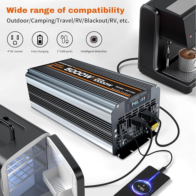 Power Inverter DC 48V to AC 110V/120V Converter with LCD Display, Wireless Controller, Cable Pair,AC outlets USB.RV Travel,Suitable for Camping,and Off-Grid Solar Systems (5000w -48v)