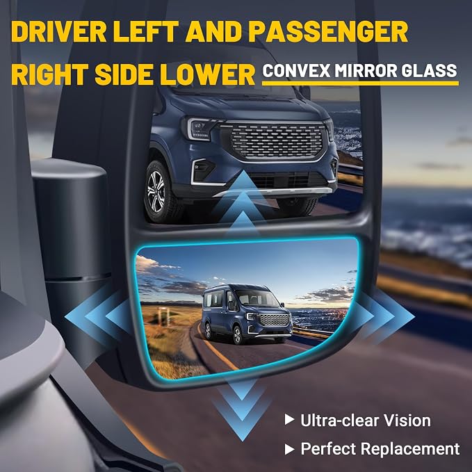 Driver and Passenger Lower Side Mirror Glass Compatible with 2015-2025 Ford Transit 150 250 350 2023-2025 E-Transit Replace BK3Z-17K707-A BK3Z17K707A