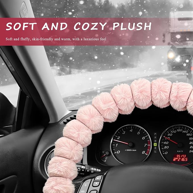 Sun Walker Fluffy Car Steering Wheel Cover, Soft Plush Anti-Slip Steering Wheel Protector for Warm Winter, Fuzzy Comfortable Wheel Cover Auto Interior Accessories for Women Girl (Pink)