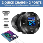 12V USB Car Socket Round USB C 12V Outlet, 3-Port Marine Fast Charger Waterproof Cigarette Outlet Replacement Aluminum with Switch & Voltmeter, Suitable for Boat Golf Cart RV Motorcycle Truck