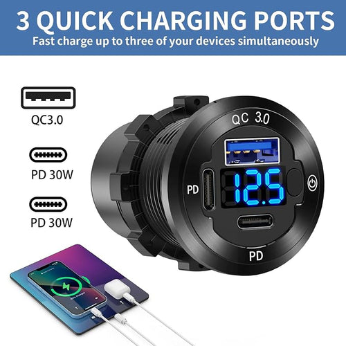 12V USB Car Socket Round USB C 12V Outlet, 3-Port Marine Fast Charger Waterproof Cigarette Outlet Replacement Aluminum with Switch & Voltmeter, Suitable for Boat Golf Cart RV Motorcycle Truck