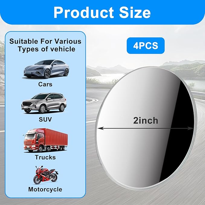 4PCS Blind Spot Mirror, Round HD Glass Side Blindspot, Frameless Convex Mirror Car with Self Adhesive Back for Cars, SUV, Trucks, Universal Vehicles