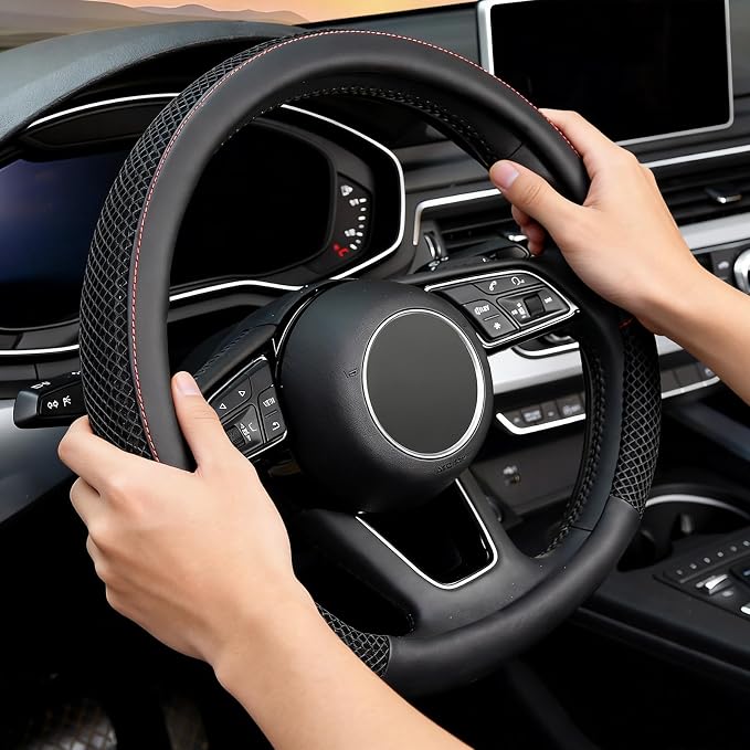 D Shape Steering Wheel Cover, Universal 15 inch, Microfiber Leather Viscose, Breathable, Anti-Slip,Warm in Winter and Cool in Summer, Black