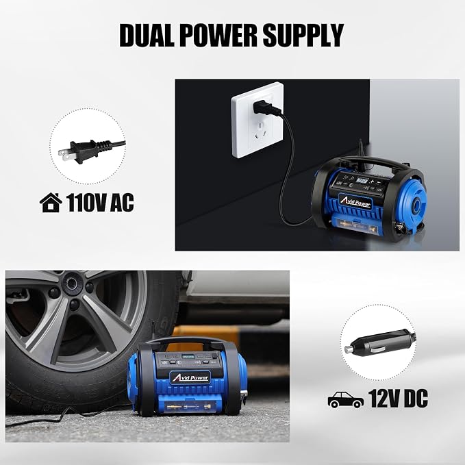 Tire Inflator Portable Air Compressor, 12V DC 110V AC Car Tire Pump, Air Mattress Pump with Inflation and Deflation Modes, Dual Powerful Motors, Digital Pressure Gauge