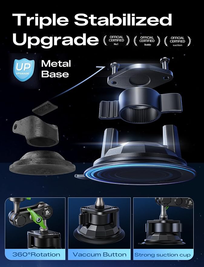 Car Phone Holder, Ultra-Durable Mteal Phone Holders for Your Car, 360° Rotation Cell Phone Car Mount for Windshield, Suction Cup Car Phone Mount for iPhone Samsung All Smartphone