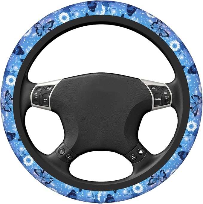 Blue Butterfly Steering Wheel Cover for Women Girls Flower Universal 15 inch Neoprene Anti-Slip Car Wheel Protector