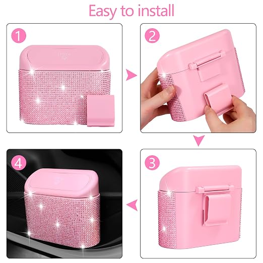 Bling Pink Car Trash Can with Lid, Mini Auto Garbage Can with 30 Trash Bags, Automotive Garbage Container Bin, Bling Car Accessories Trash Can for Women (Pink Diamond)