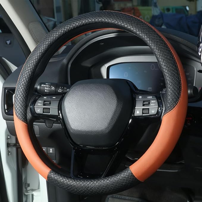 Car Steering Wheel Cover, Leather, Universal 15 Inch Fit, Anti-Slip & Odor-Free,Brown