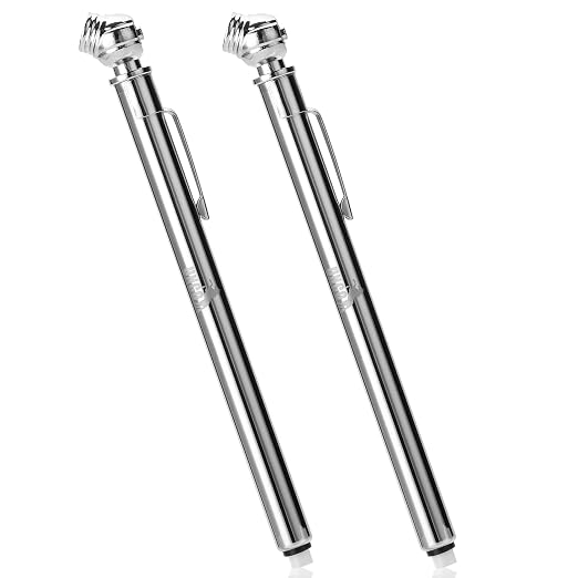 Pencil Tire Pressure Gauge, 2 Pack, 10-75 PSI, Stainless Steel Body | Metal Made Nozzle, Rust and Corrosion Resistant, Pencil Air Pressure Gauge for Tires, 3 Measurements for Cars, Bikes