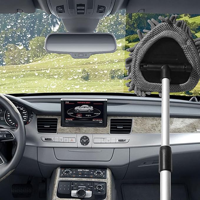 Car Windshield Cleaner Tool, Vehicle Window Cleaner with Extendable Handle & 3 Reusable and Washable Pads, Auto Glass Wash Brush Accessories, Universal for SUV RV Truck (Rectangular)