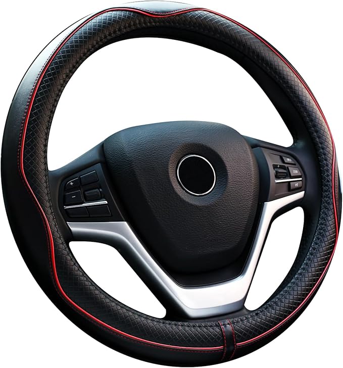 Steering Wheel Covers Universal 15 inch - Genuine Leather, Breathable, Anti Slip & Odor Free (Black with Red Lines, M(14" 1/2-15" 1/4))