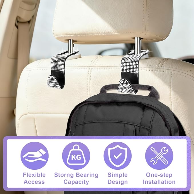 6 Pack Bling Car Seat Headrest Hooks, Bling Car Accessories for Women, Rhinestone Purse Hook for Car, Universal Storage Organizer for Handbag Grocery Bags Coats (Bling White)
