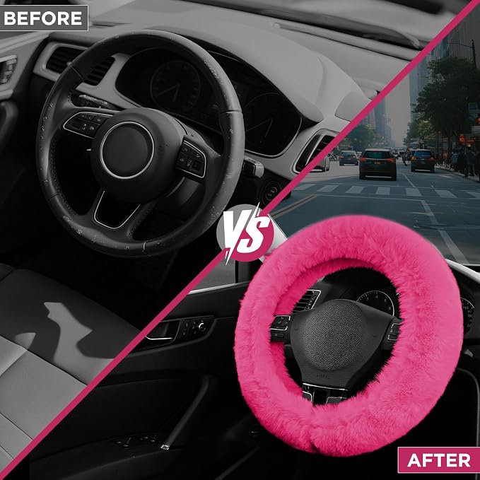 Steering Wheel Cover, Fluffy Car Wheel Covers for Women/Girls/Ladies，Soft Wool Fur Steering Wheel Protector, Universal 14 1/2 inches to 15 inches - HotPink