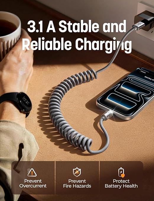USB A to USB C Cable, Durable Short USB to C Cable 2 Pack for Android Auto & CarPlay, Coiled USB C Cable Type C Retractable Car Charger Cord for iPhone 17/16/15 Samsung Galaxy S25/S24, Gray 4FT