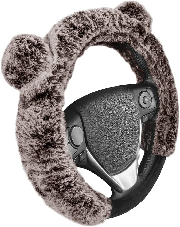 Bear Fur Steering Wheel Cover, Plush Faux Fur Fuzzy Steering Cover for Car Truck Van SUV, Standard Size Fits Wheels 14.5-15 in Diameter, Brown with Ears
